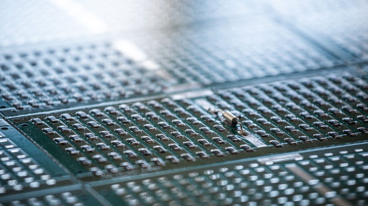 Nahaufnahme mehrerer grüner Leiterplatten mit zahlreichen kleinen elektronischen Bauteilen.