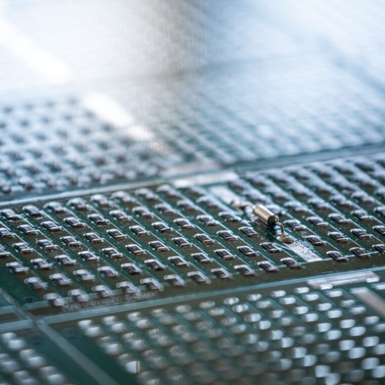 Nahaufnahme mehrerer grüner Leiterplatten mit zahlreichen kleinen elektronischen Bauteilen.