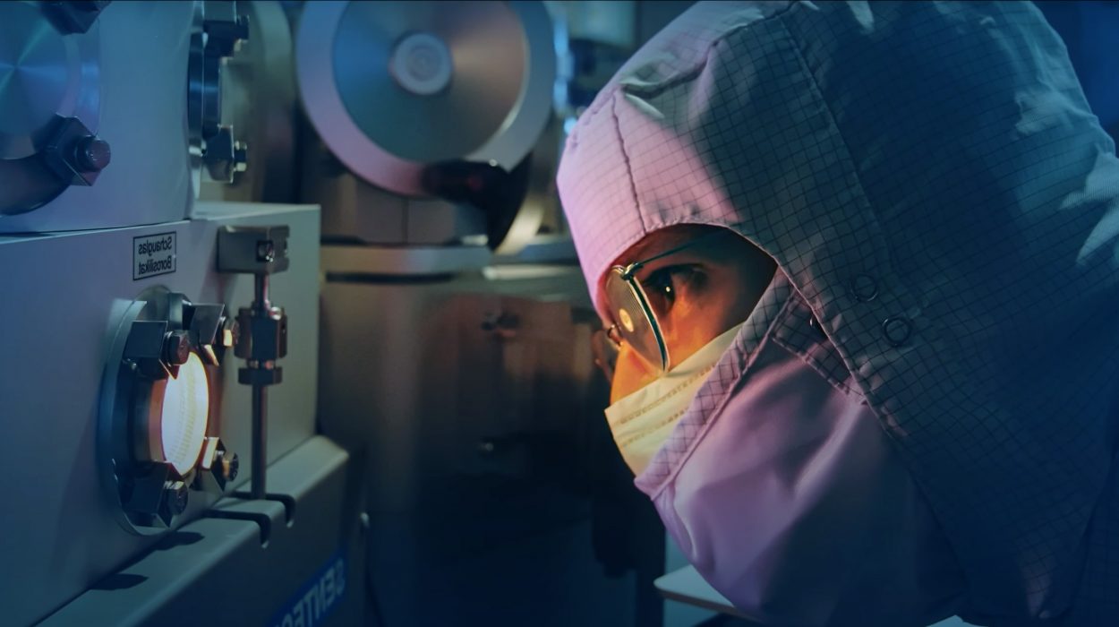 Person in Reinraumkleidung und Schutzbrille blickt konzentriert durch ein Sichtfenster an einem Hightech-Gerät in einem Labor.