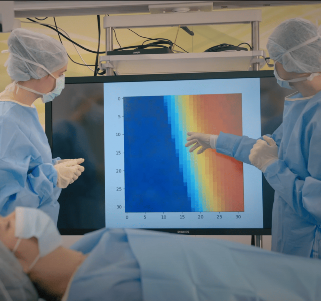 Zwei Chirurginnen vor Wärmebild-Grafik; im Vordergrund Patientin auf Operationstisch.