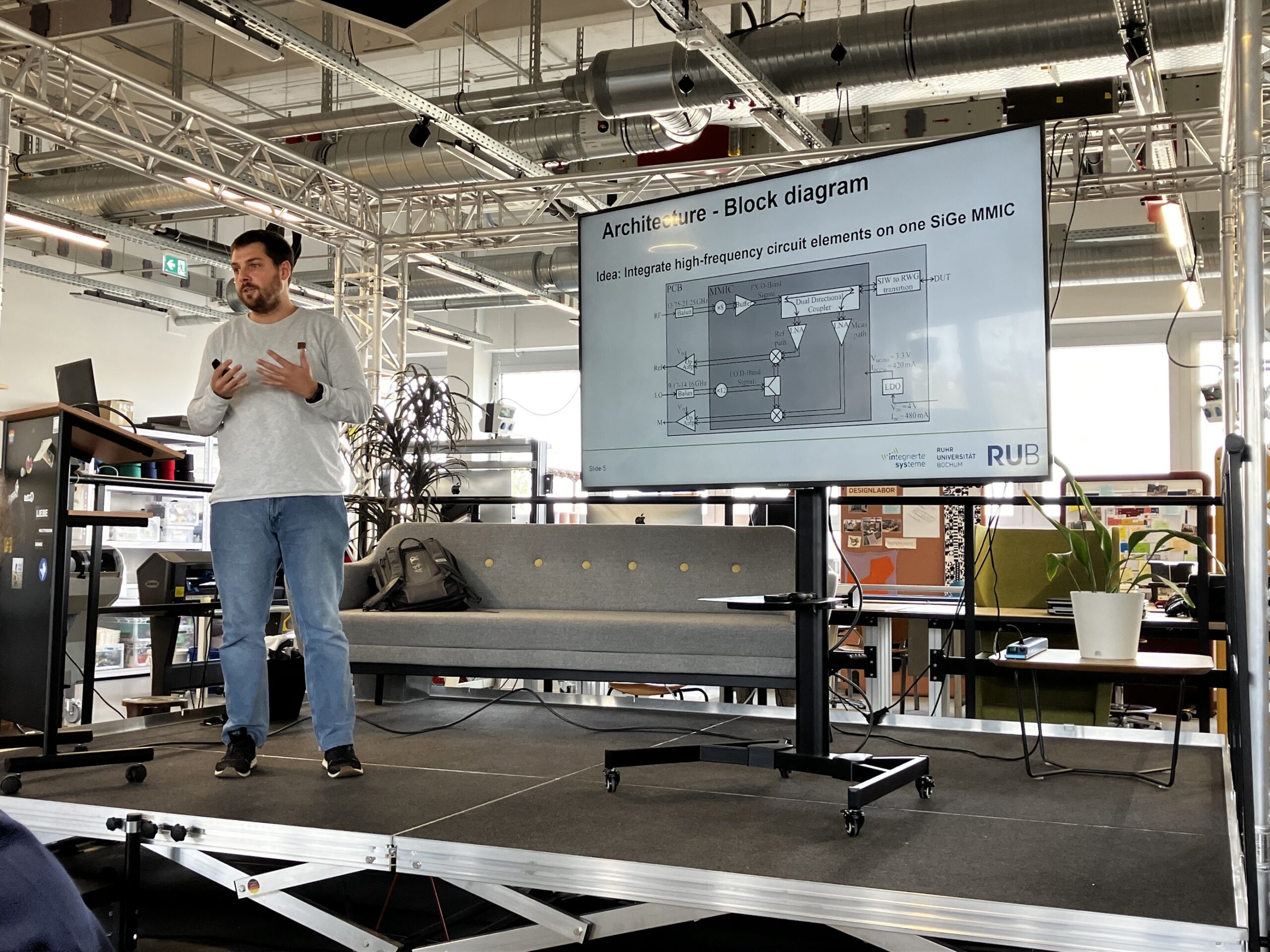 Mann hält einen technischen Vortrag auf einer kleinen Bühne in einem modernen Raum mit offener Decke; auf dem Bildschirm hinter ihm ist ein Blockdiagramm mit dem Titel ‚Architecture – Block diagram‘ zu sehen, darunter Logos von RUB und Viventes Systeme.