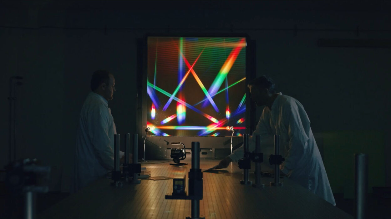 Zwei Forschende im Labor vor einer leuchtenden optischen Experimentieranlage mit farbigen Lichtstrahlen.