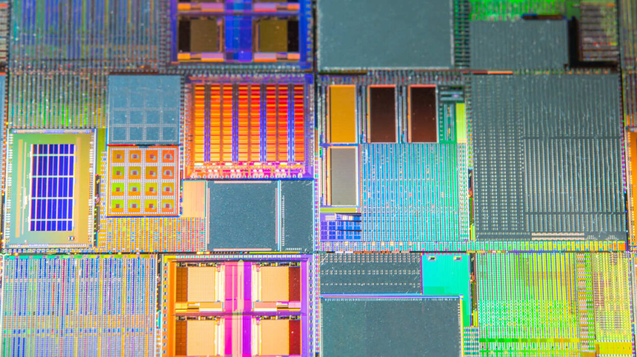 Makroaufnahme eines Mikrochips mit bunten, rechteckigen Strukturen und komplexen Schaltkreisen. Lichtreflexionen erzeugen farbige Muster.