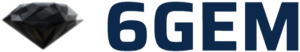 Logo von 6GEM: Links ein facettierter schwarzer Edelstein (Diamantform), rechts daneben der Schriftzug „6GEM“ in großen, dunkelblauen Buchstaben auf transparentem Hintergrund.