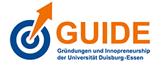Logo von GUIDE mit einer Zielscheibe und aufsteigendem orangefarbenen Pfeil. Rechts daneben steht „GUIDE“ in Orange sowie „Gründungen und Innopreneurship der Universität Duisburg-Essen“ in Blau.