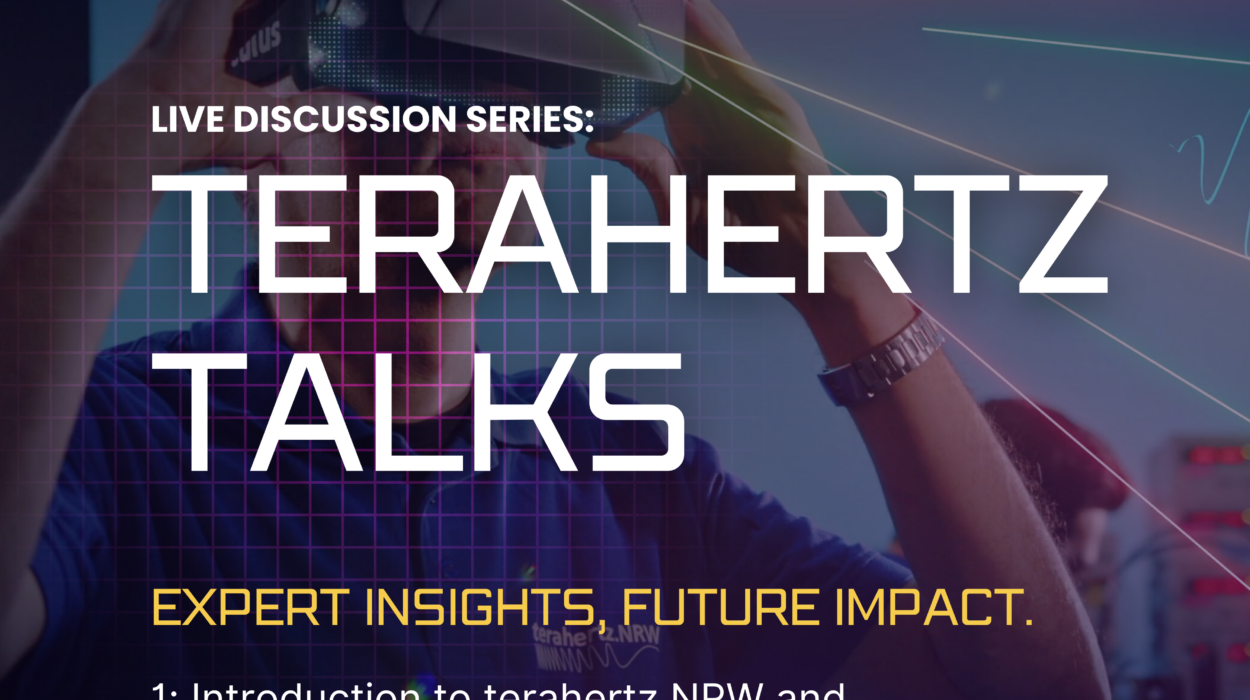 Digitales Veranstaltungsbild zur Online-Reihe „Terahertz Talks“ mit dem Titel „Introduction to terahertz.NRW and Overview of Terahertz Technologies“. Im Hintergrund eine Person mit VR-Brille, ergänzt durch grafische Lichteffekte.