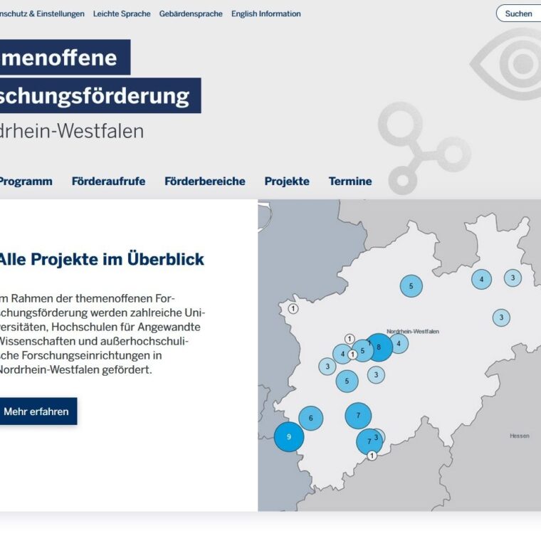 Screenshot der Webseite zur Forschungsförderung NRW. Links ein Textkasten mit Infos zu geförderten Projekten, rechts eine NRW-Karte mit blauen Kreisen für Projektstandorte. Oben Navigationsmenü mit Programmpunkten.