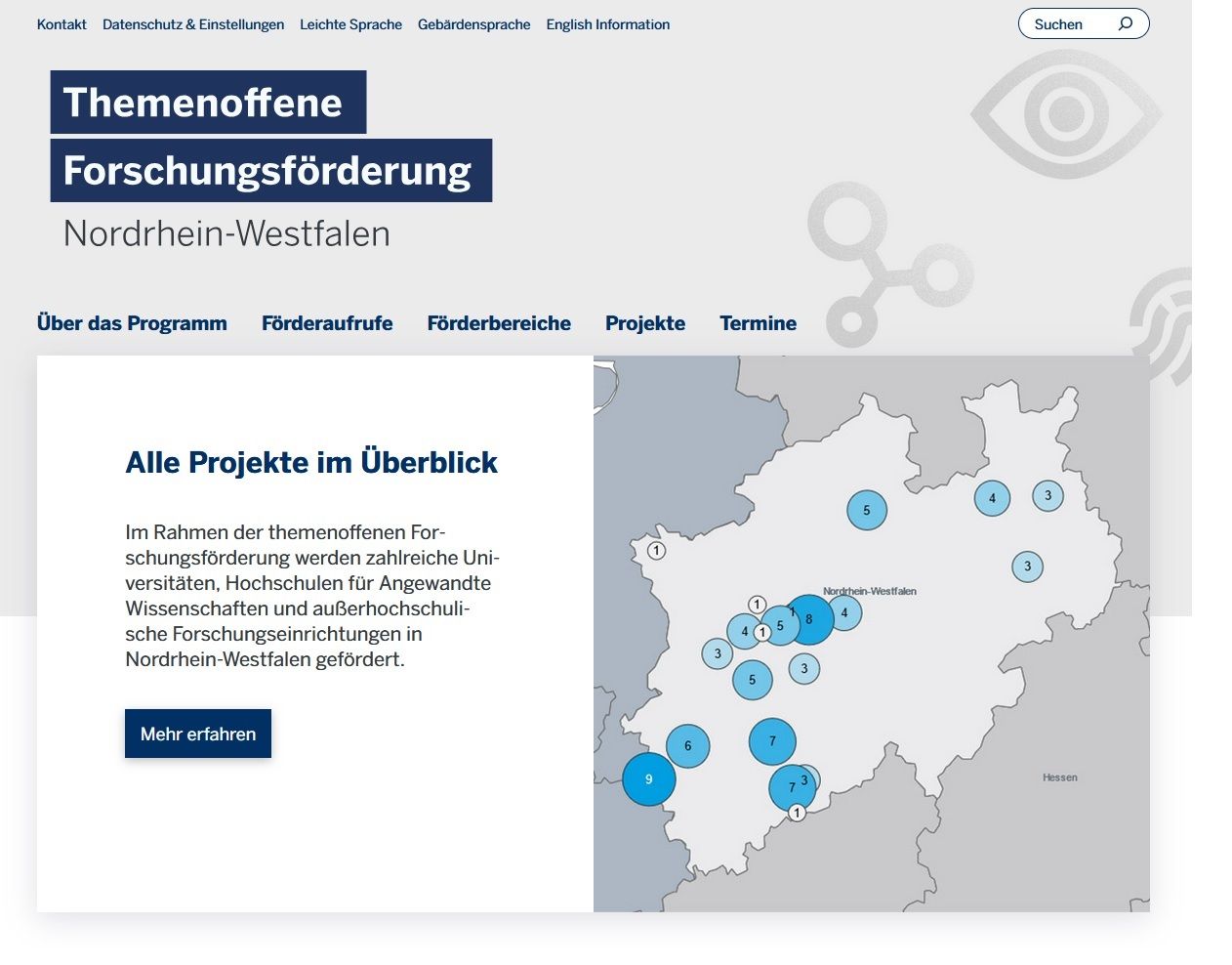 Screenshot der Webseite zur Forschungsförderung NRW. Links ein Textkasten mit Infos zu geförderten Projekten, rechts eine NRW-Karte mit blauen Kreisen für Projektstandorte. Oben Navigationsmenü mit Programmpunkten.