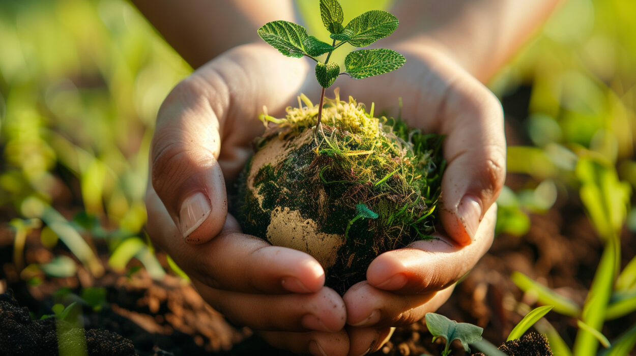 Zwei Hände halten vorsichtig einen kleinen Erdklumpen, aus dem ein grüner Pflanzenspross mit vier Blättern wächst. Der Hintergrund zeigt frische Erde und weitere kleine Pflänzchen, die in der Erde wurzeln. Die Szene ist in warmes, natürliches Licht getaucht.