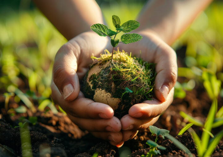 Zwei Hände halten vorsichtig einen kleinen Erdklumpen, aus dem ein grüner Pflanzenspross mit vier Blättern wächst. Der Hintergrund zeigt frische Erde und weitere kleine Pflänzchen, die in der Erde wurzeln. Die Szene ist in warmes, natürliches Licht getaucht.