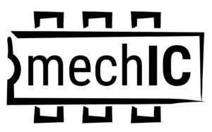 Schwarzes Logo mit dem Schriftzug „mechIC“ in einem stilisierten Rechteck mit Anschlussbeinen, das an einen Mikrochip erinnert.