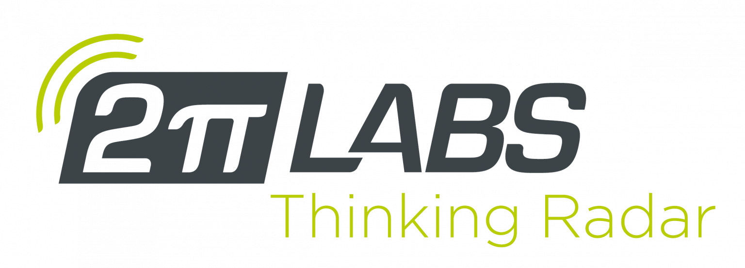 Logo von „2π LABS“ in Dunkelgrau mit limegrünen Funkwellen über der Zahl „2“ und dem Slogan „Thinking Radar“ in Limegrün darunter.