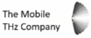 Logo mit dem Schriftzug „The Mobile THz Company“ links und einem abstrahierten, kegelförmigen Wellenmotiv in Schwarz-Weiß rechts.